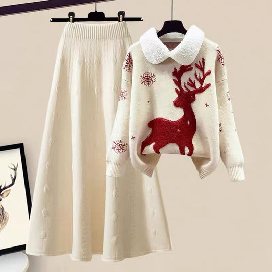 Winter thin elk red sweater skirt casual winter suit 2021 new women's autumn and winter two-piece suit 1876