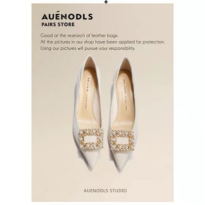 AUENODLS leather French square buckle pointed toe thick heel single shoes wedding shoes nude white simple and generous high heels women