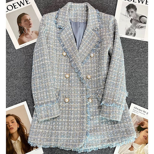 Lake blue small fragrance suit jacket women's 2022 winter new double-breasted fashion all-match design suit 1739