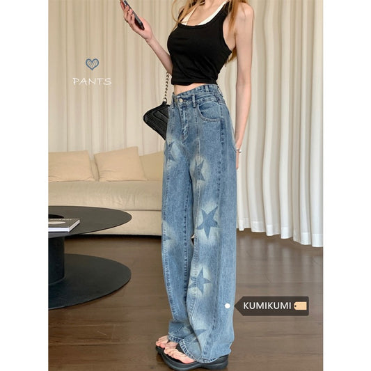 Kumikumi retro all-match jeans women's spring loose casual printed straight-leg pants mopping pants long pants tide