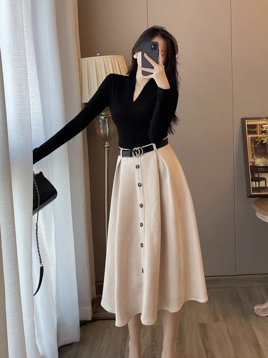 Two-piece suit women's autumn new western style fashionable French retro bottoming velvet dress temperament thin long skirt