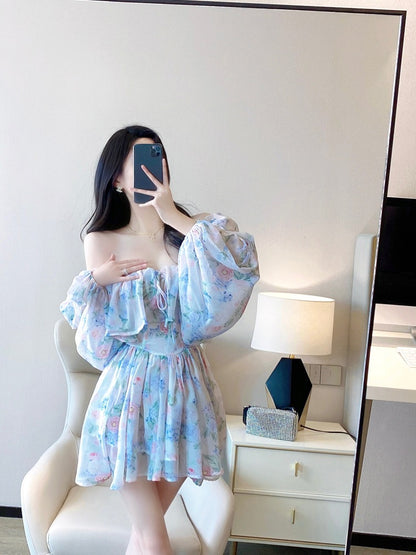 French Floral Dress 2023 Spring New Women's Wear Temperament Ladies Waist Slim Retro Square Neck Chiffon Skirt 2016