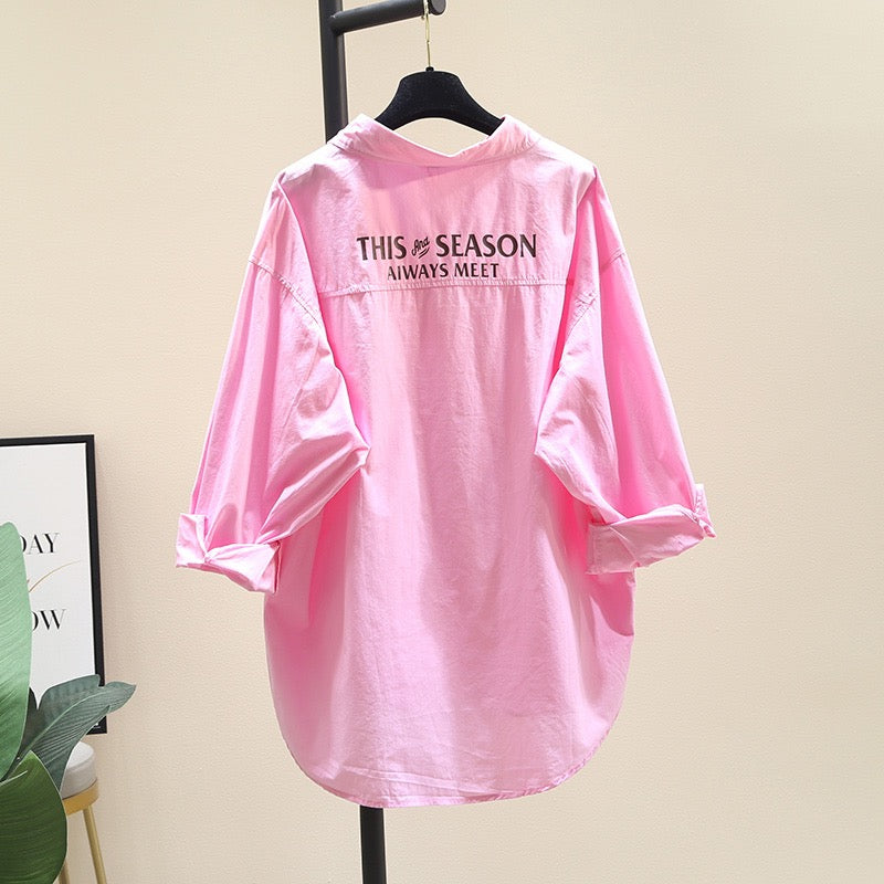 White shirt women's mid-length 2023 spring new Korean version loose back letters casual all-match long-sleeved shirt