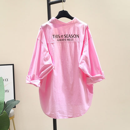 White shirt women's mid-length 2023 spring new Korean version loose back letters casual all-match long-sleeved shirt
