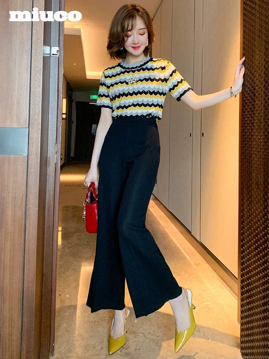 miuco wavy striped knitted short-sleeved top + high waist vertical striped wide leg pants suit female 202 summer new