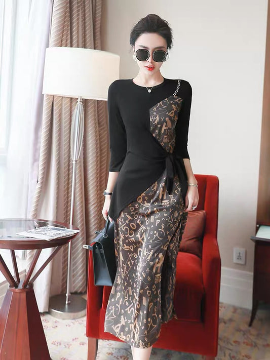 Temperament casual dress summer female 2022 new ladies chic stitching lace waist slim slit skirt