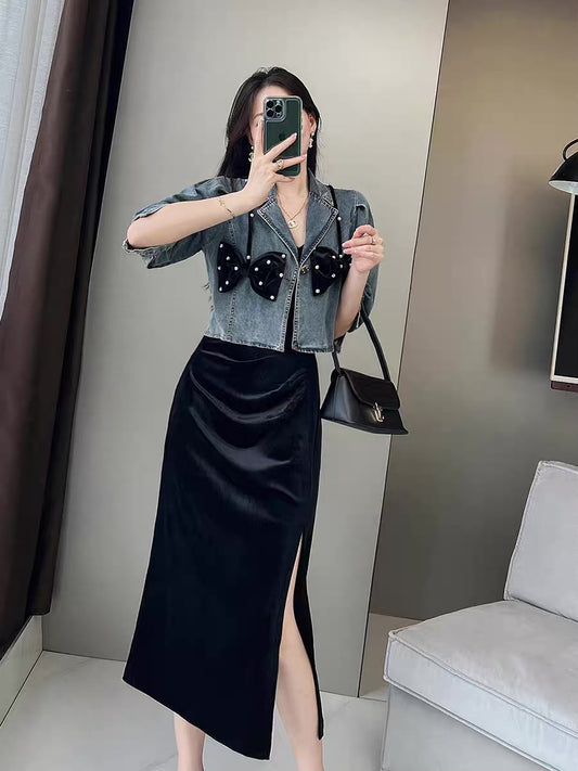 2022 early autumn new salt series light ripe suit denim top suspender skirt Royal sister age reduction wear two skirts 1939