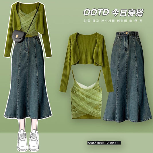 Spring suit women's 2023 new style wearing a high-quality knitted cardigan to look thin suspender fishtail skirt three-piece suit