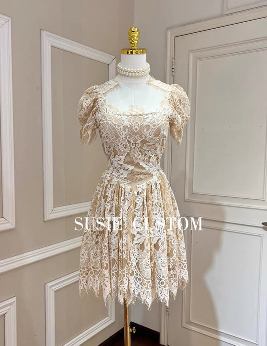 High custom court French puff sleeves with chest pads eyelashes lace lace slim fit waist tutu skirt dress