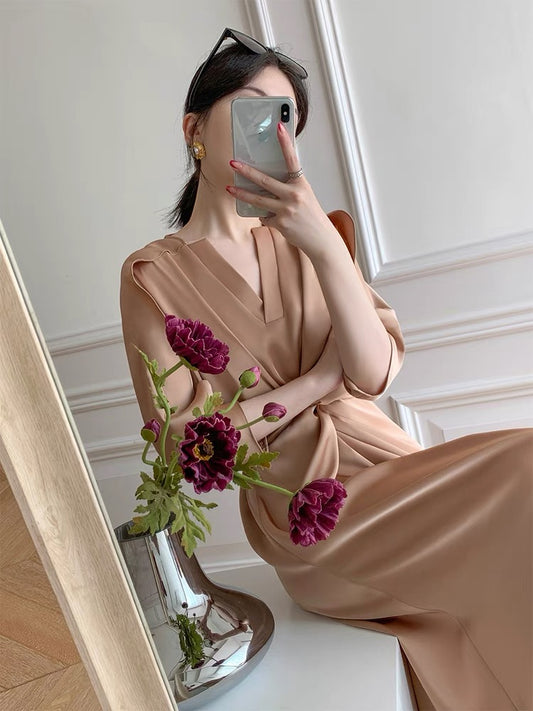 mona original simple high-grade silky satin dress irregular V-neck midi skirt women