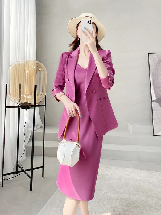 High-definition light luxury complete set with women's autumn style professional capable temperament rose red suit two-piece suit skirt Korean drama 1806