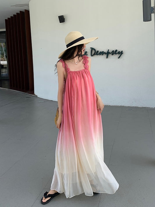 Yunnan Lijiang Travel Photo Beach Dress Sanya Vacation Suspender Dress Pink Gradient Chiffon Dress Super Fairy