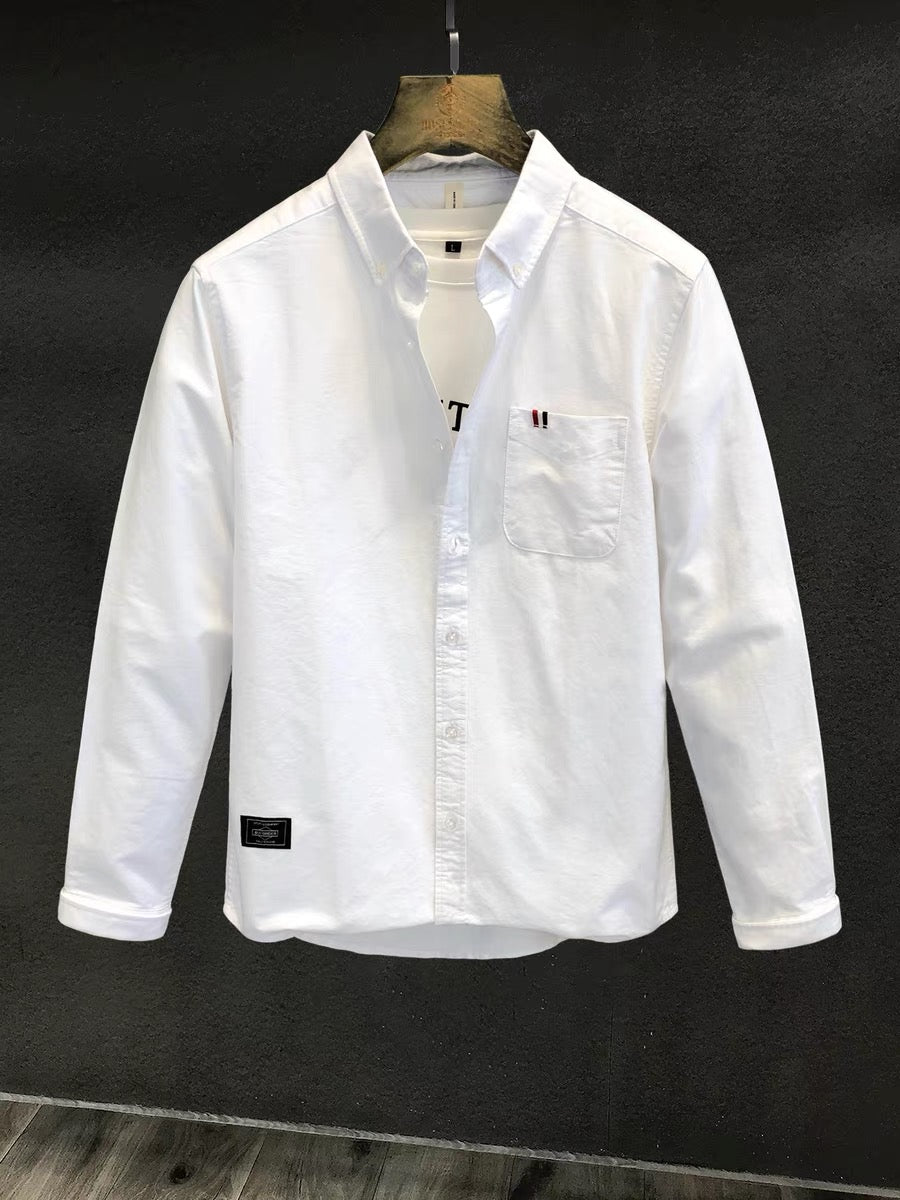 Oxford spinning high-end handsome temperament pure white shirt men's autumn Japanese all-match long-sleeved shirt men's tops