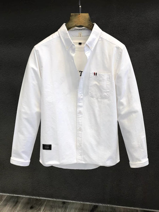 Oxford spinning high-end handsome temperament pure white shirt men's autumn Japanese all-match long-sleeved shirt men's tops