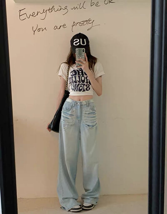 kumikumi light blue hole pants loose wide leg long pants summer high waist washed mopping pants jeans women 1828