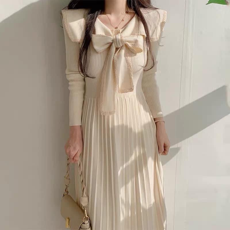 Korean chic autumn French lace lace bow bow stitching waist thin knitted pleated dress