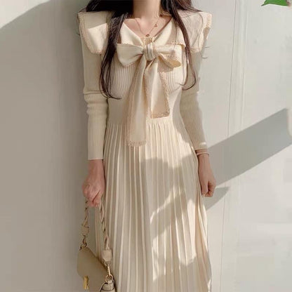 Korean chic autumn French lace lace bow bow stitching waist thin knitted pleated dress