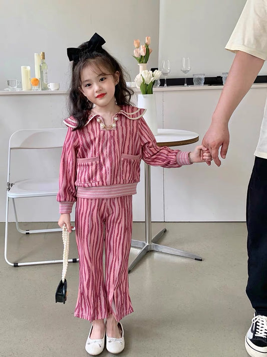 Original Girls Autumn Dress Small Fragrance Hot Silver Striped Suit New Children's Doll Collar Top Slit Flared Pants