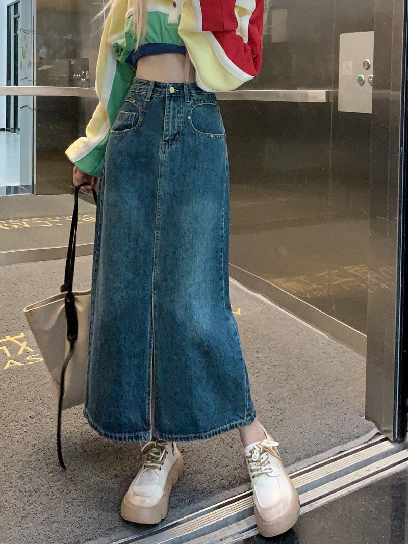 Retro denim skirt design sense slit skirt women's spring small A-line skirt mid-length skirt skirt