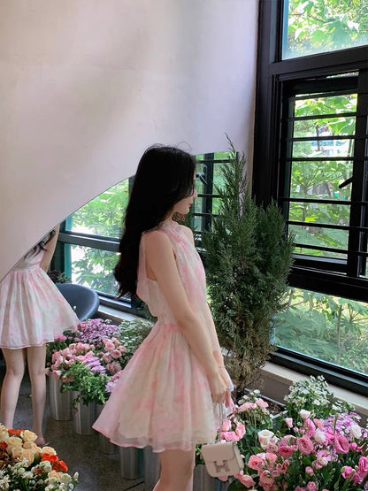 ByYou summer pink halter neck off-shoulder floral dress women's high-waisted thin high-end temperament chiffon fairy dress 1148