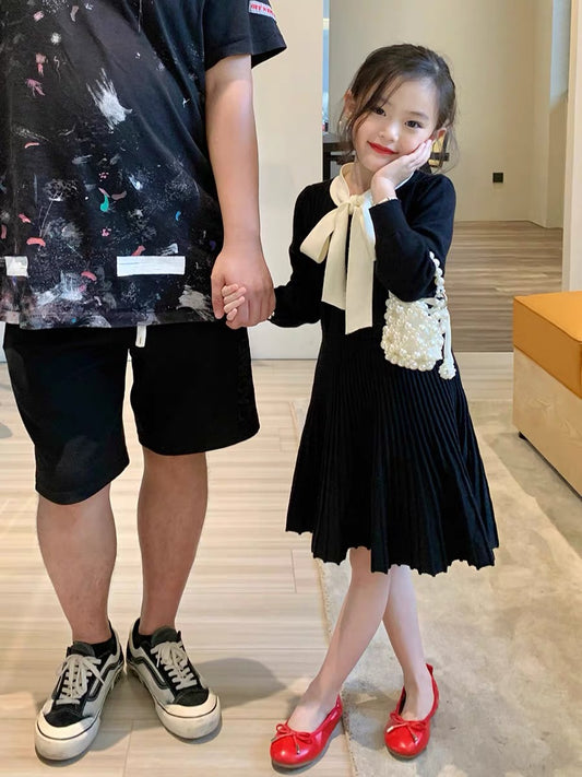 Original girls children's clothing autumn black small fragrance dress children's temperament autumn and winter bow knot ladies wind skirt