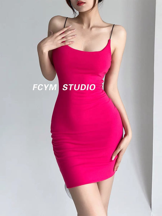 European and American style rose red suspender dress women's summer short high waist slim slim sexy hot girl bag hip skirt 1508