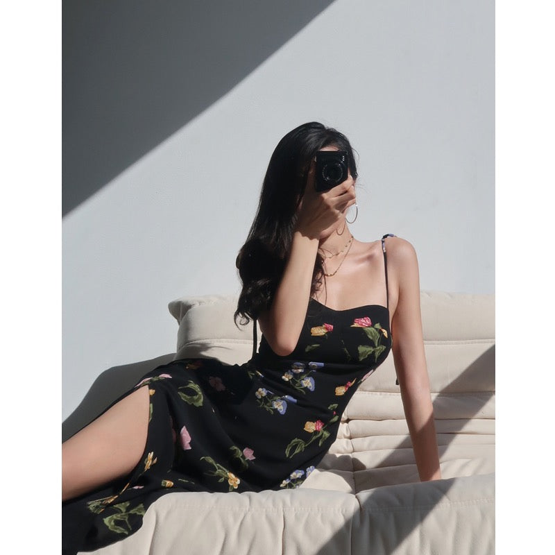 French style black printed high waist suspender skirt retro sexy waist slim side slit tie dress long skirt female