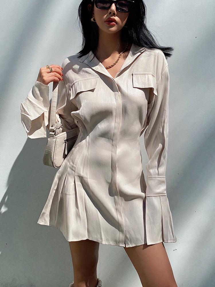 liviahome European and American sweet and spicy shirt dress glossy texture satin long-sleeved dress female design sense niche
