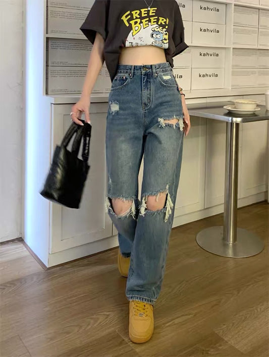 3276Kumikumi design sense hole jeans retro straight pants summer loose wide-leg pants mopping long pants women