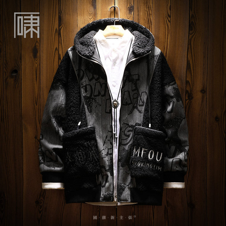 Guochao hip-hop bear mid-length hooded cotton jacket Men's niche lambswool stitching thickened cotton jacket