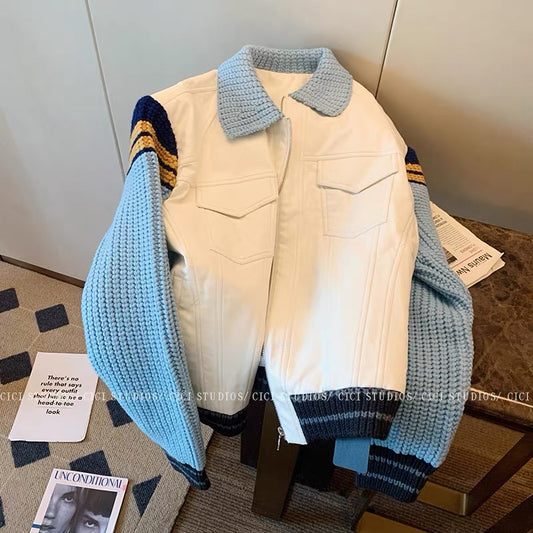 Sweater stitching denim jacket women's lapel American retro design baseball uniform 2022 autumn and winter new tops