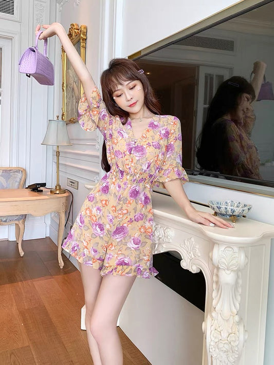 European station thin chiffon floral jumpsuit shorts female summer small man waist French temperament fashion jumpsuit