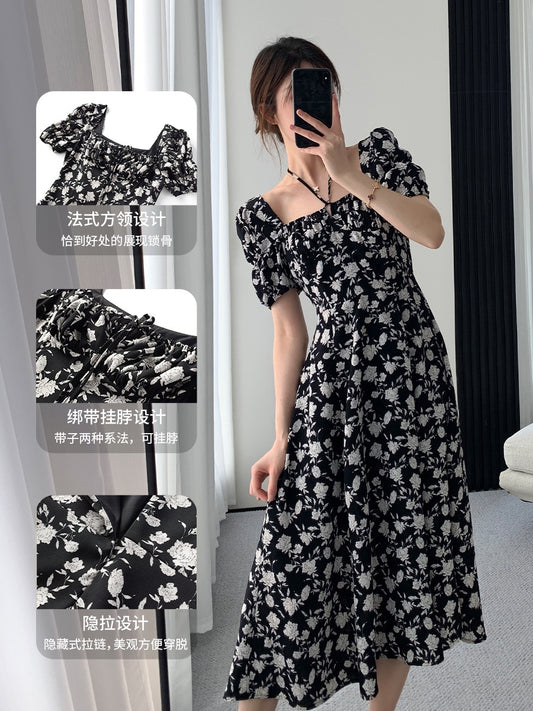 Guoge custom black floral dress female 2022 summer new high-end French temperament square collar long skirt