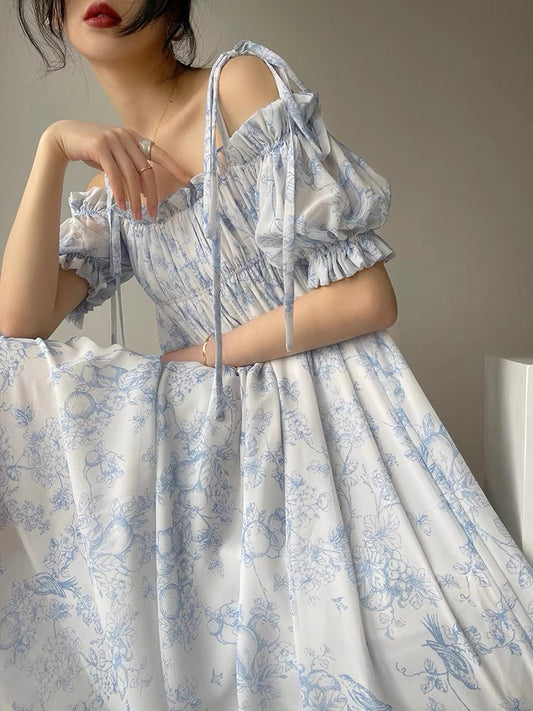 Aconiconi｜Empty Mountain Snow Language Pure Desire French Print Design Sling Fairy Loose Mid-Length Dress