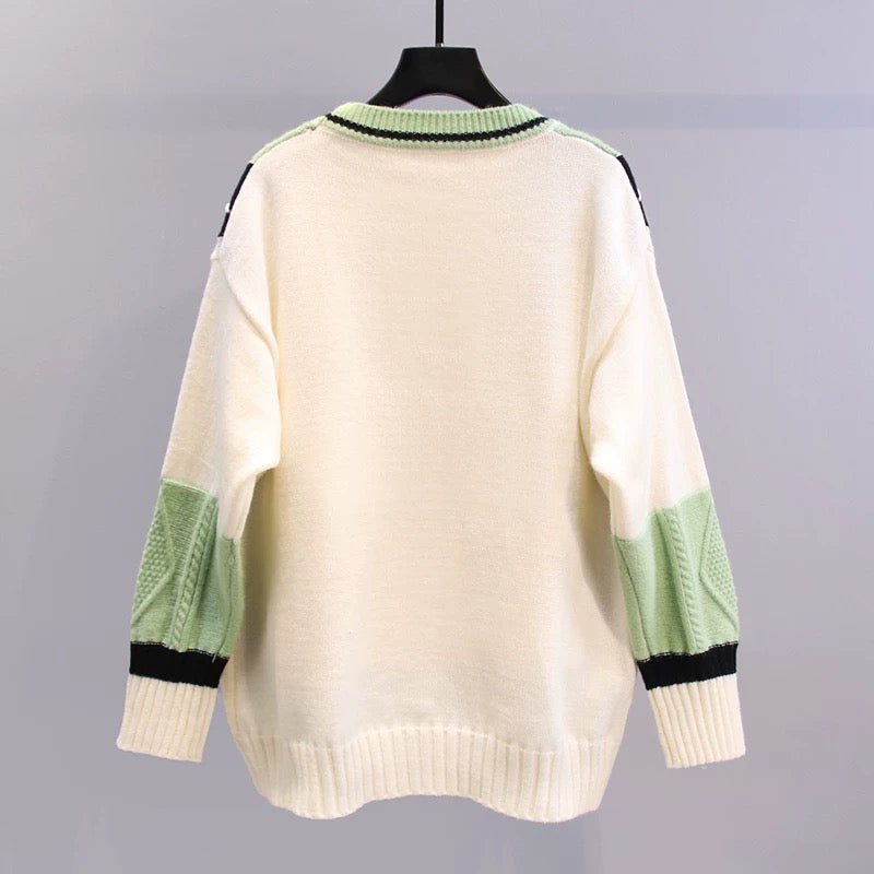 Contrasting color design V-neck sweater jacket women's autumn and winter 2022 new loose all-match Western-style age-reducing knitted cardigan
