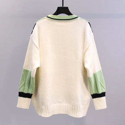 Contrasting color design V-neck sweater jacket women's autumn and winter 2022 new loose all-match Western-style age-reducing knitted cardigan