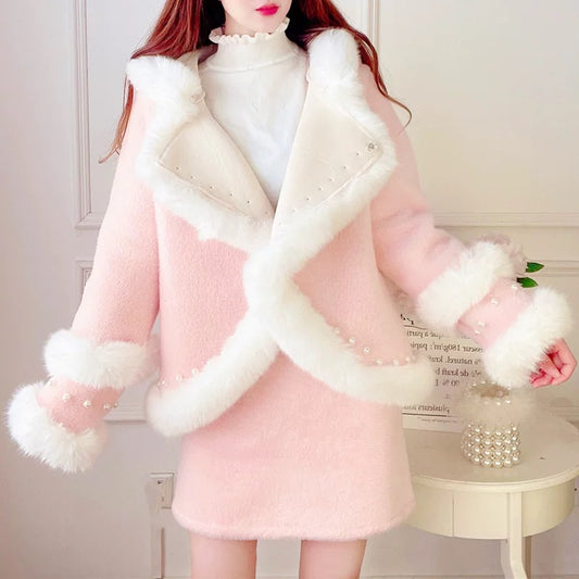 Xiaoxiangfeng suit women's autumn and winter 2022 new temperament ladies cloak hooded coat coat short skirt two-piece set