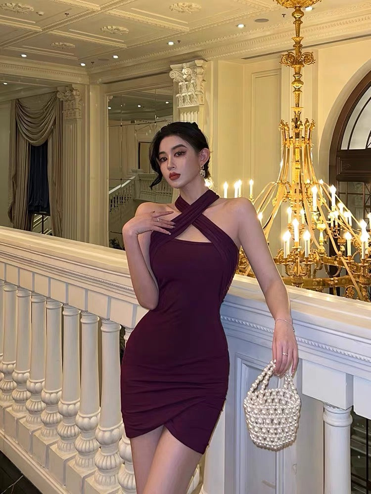 Hot girl purple halter dress female summer chic backless sexy high-end – Lee Nhi Boutique