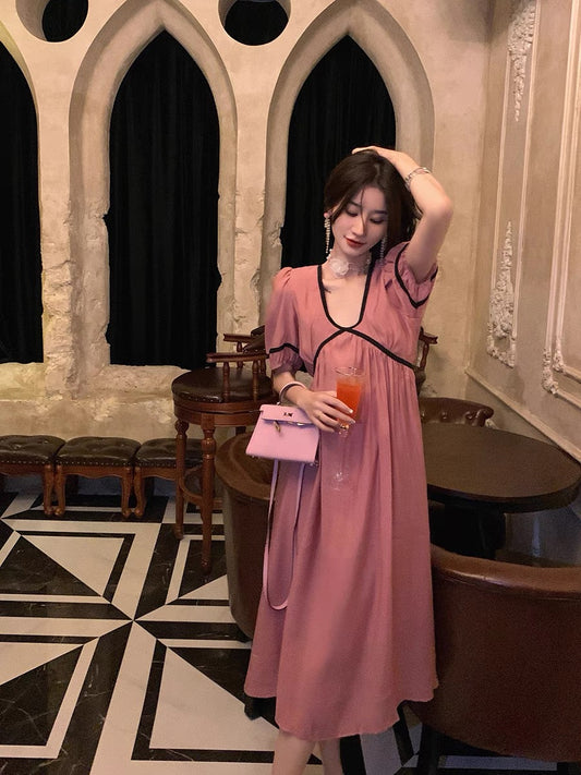 GUOGUOWOMEN Guoguojia dress women's summer puff sleeves solid color design tie mid-length skirt 25