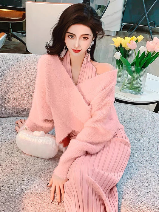 Feijie custom ladies halter neck knitted dress 2022 winter new sweater slim fit hip skirt two-piece set