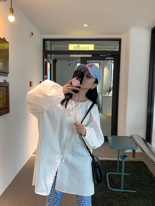 Xinbangbang self-made mid-length top spring design sense niche white puff sleeves long-sleeved tie shirt women