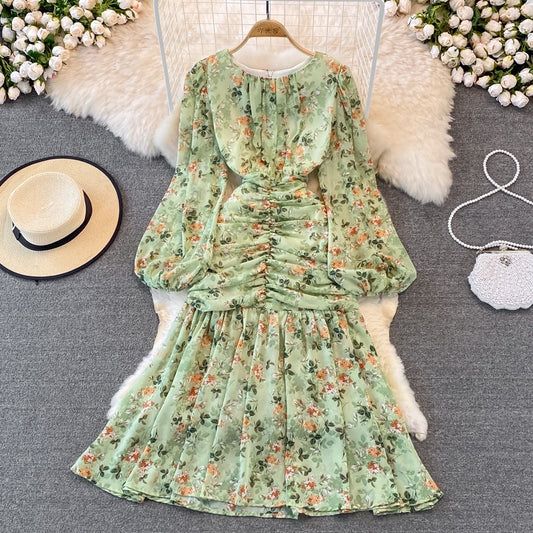 Autumn French light cooked style round neck fishtail dress puff sleeve chiffon floral skirt celebrity temperament long skirt