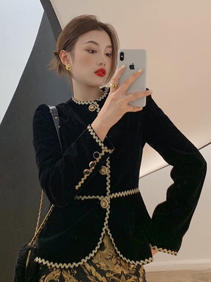 Plus-size women's clothing French retro celebrity velvet jacket Chinese style national style high-end heavy industry embroidery