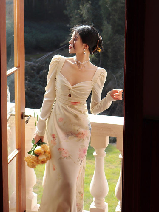 Thirteen and Little Long-sleeved Dress Women's Spring Square Neck Slim Fit Hip Satin Print Gentle French Dress