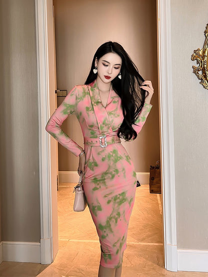 European Station Little Femininity Temperament Women's Wear Mature Wind Pink Dress Advanced Sense Temperament Lady Skirt Belt