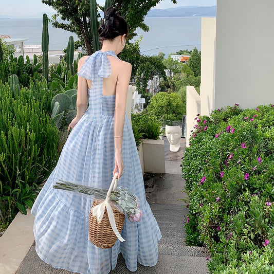 Sanya Beach Skirt Blue Chiffon V-neck Halter Neck Dress Female Summer Bohemia Seaside Holiday Backless Long Skirt