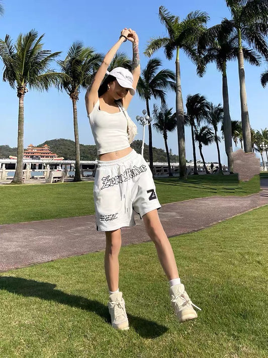 Wild zero white sports shorts women's summer American retro design print loose casual five-point pants