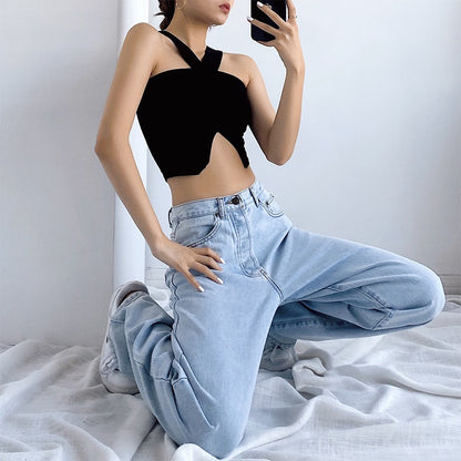 European and American sexy hanging neck camisole women's outerwear open back slit slim fit short section navel knitted top trendy