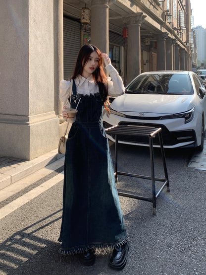 Retro strap denim dress women's spring 2023 new a-line tassel high-quality mid-length skirt