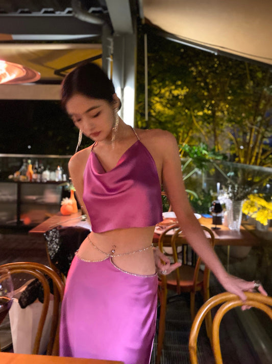 Rose red high-quality acetate satin sling dress skirt suit sparkling halter neck evening dress nightclub Christmas